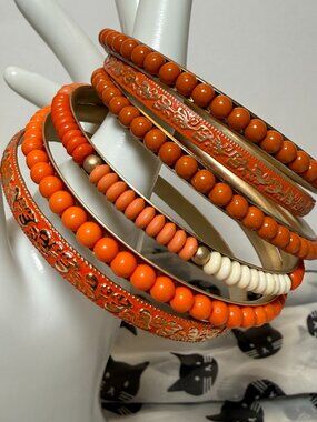 6 Orange Bangles Mix Match Stack Beaded Gold Toned Bracelets